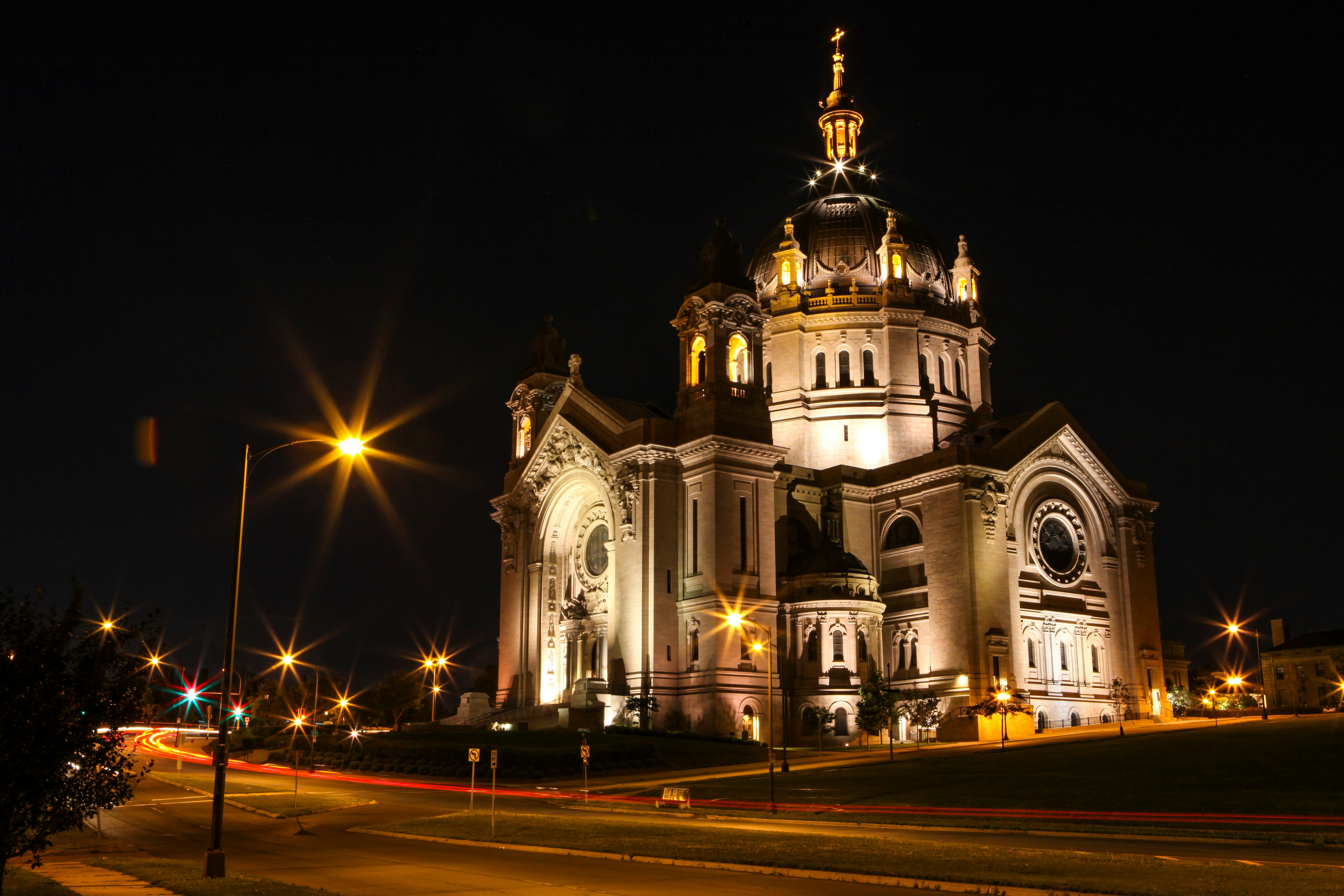 white and brown concrete building during night time